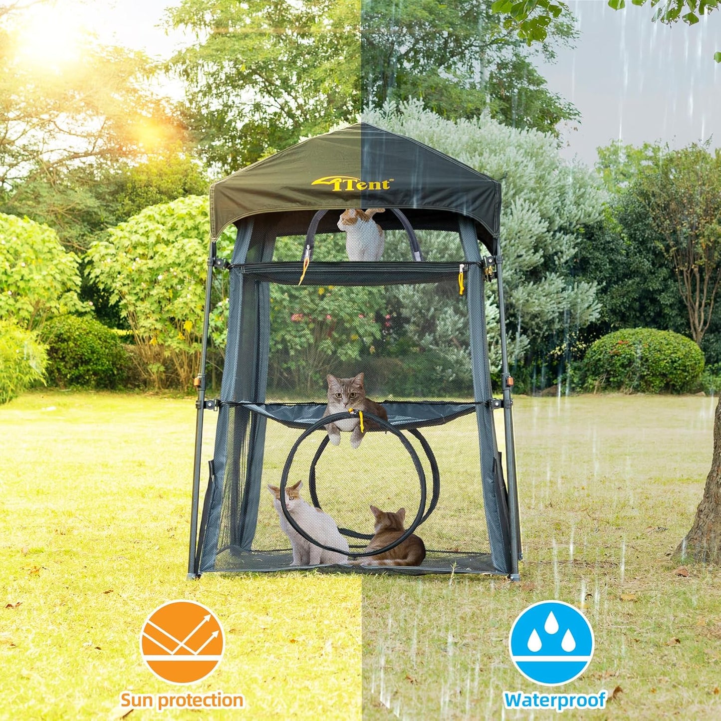 Extra Large Catio Outdoor Cat Enclosure,3 Tier Cat Tower Tent Weatherproof & Sunproof with 3 Doors, Foladable and Portable for Patio, Deck,Camping, Indoor & Outdoor(Patented)-Wave Shade