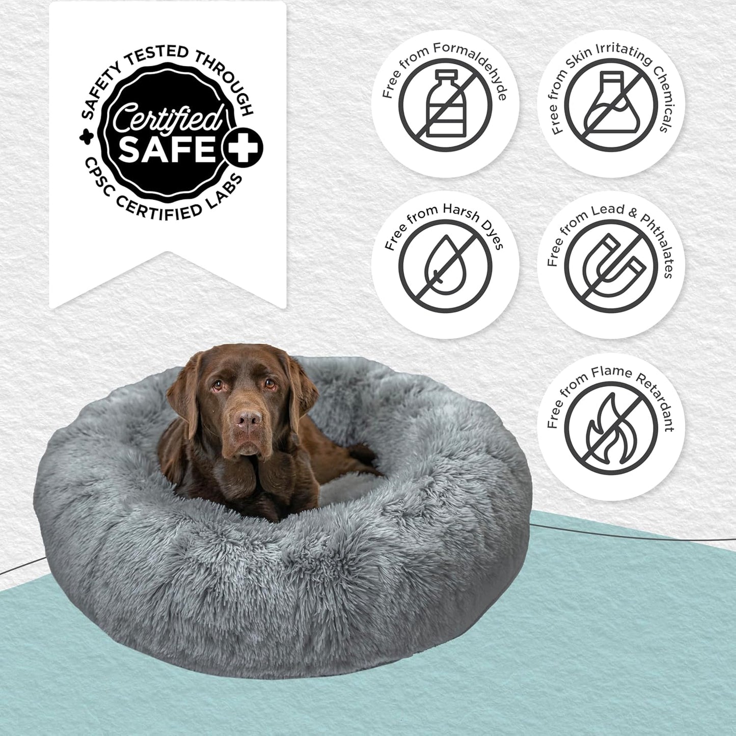 Best Friends by Sheri Original Calming Donut Dog and Cat Bed, Shag Faux Fur, Gray, (36in x 36in) - Anxiety Relief for Pets Up to 100 lbs