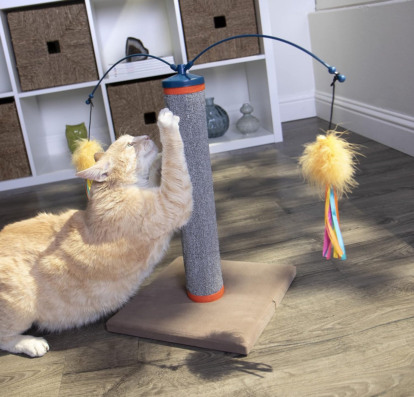 SmartyKat Scratch 'N Spin Carpet Cat Scratching Post with 2 Spinning Wand Toys, Plus 2 Replacement Wands - Gray & Blue
