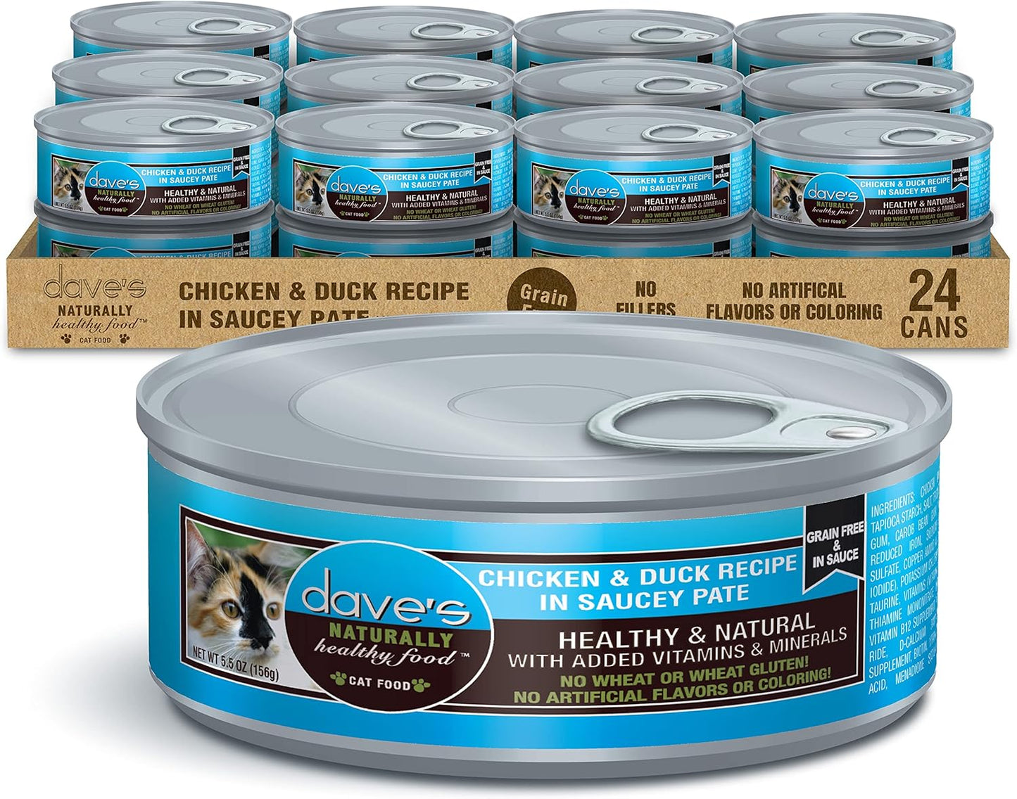 Dave's Pet Food Grain Free Wet Cat Food (Chicken & Duck Saucey Pate), Naturally Healthy Canned, Added Vitamins & Minerals, Wheat Free, 5.5 oz (24 Pack)