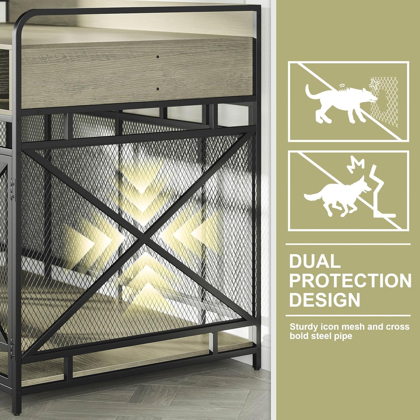 Dog Crate Furniture, 48" Heavy Duty Wooden Dog Crate End Table, XL Dog Kennel Furniture Large Breed, Decorative Dog Kennel Indoor with 3 Drawers & Steel Tubes 48" L x28 W x38 H (Grey)