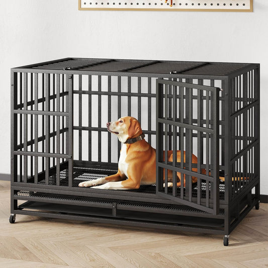 48/42/38 Inch Heavy Duty Indestructible Dog Crate,Escape Proof Dog Cage Kennel for Small Medium Dogs Indoor Double Door Dog Crate with Wheels, Lock& Removable Tray