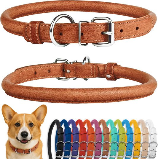CollarDirect Rolled Leather Dog Collar, Soft Padded Round Puppy Collar, Handmade Genuine Leather Collar Dog Small Large Cat Collars 13 Colors (11-14 Inch, Cinnamon Textured)
