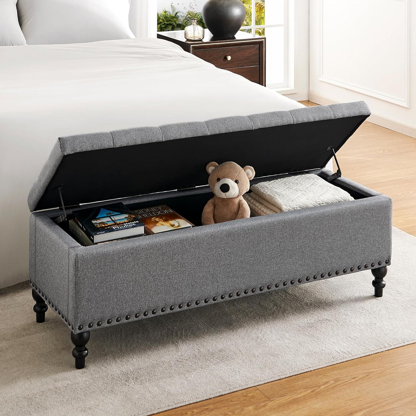 Ottoman with Storage,50.2-inch Upholstered End of Bed Storage Bench for Bedroom,for The Living Room,for Entryway, with Rivets & Button and Safety Hinges,Detachable (Grey)