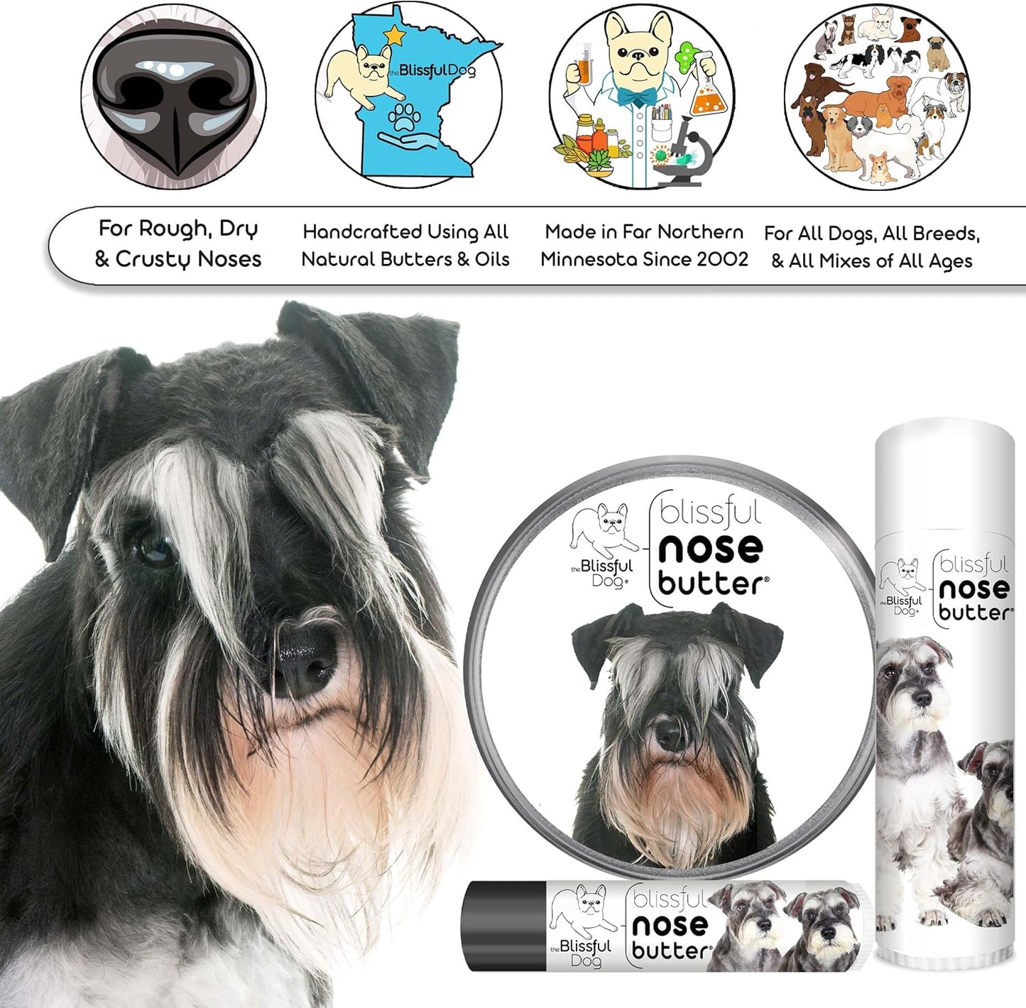 The Blissful Dog Schnauzer Nose Butter for Dry, Cracked Skin, Lick-Safe Dog Nose Balm with Moisturizing Shea Butter, Almond, Olive, and Essential Oils, Pet Supplies, Uncented, 0.15 oz.