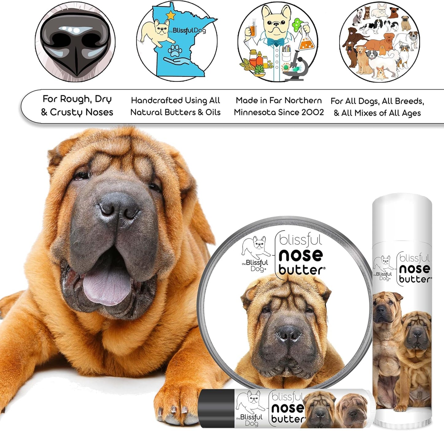 The Blissful Dog Chinese Shar-Pei Nose Butter for Dry, Cracked Skin, Lick-Safe Dog Nose Balm with Moisturizing Shea Butter, Almond, Olive, and Essential Oils, Pet Supplies, Uncented, 4 oz.