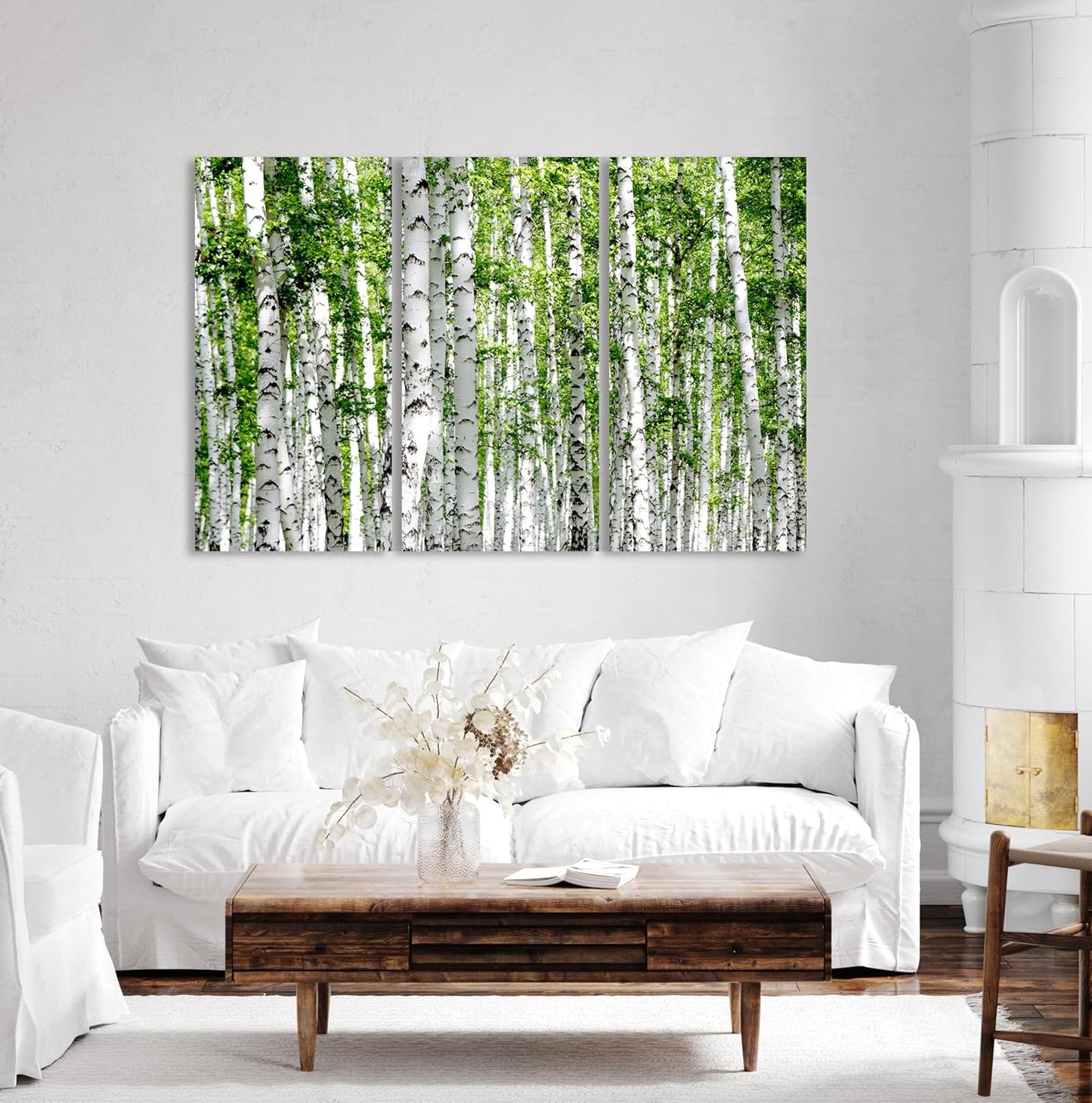 Nature Wall Art Prints - Ocean Forest Mountain Lake Canvas Landscapes - Small to Extra Large Living Room Bedroom Kitchen Bathroom Décor (Green Brich Trees, 47L" x 71W" - 3 panels)