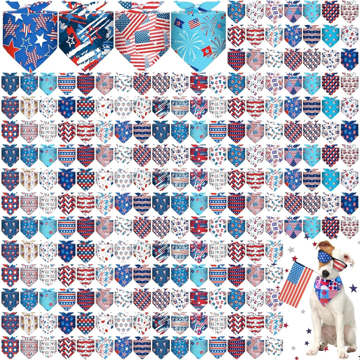 Sanwuta 120 Pcs 4th of July Bandanas for Dogs Patriotic Pet Scarves Adjustable Soft Cute Dog Triangle Scarfs for Medium Small Dogs Cats Large Puppy