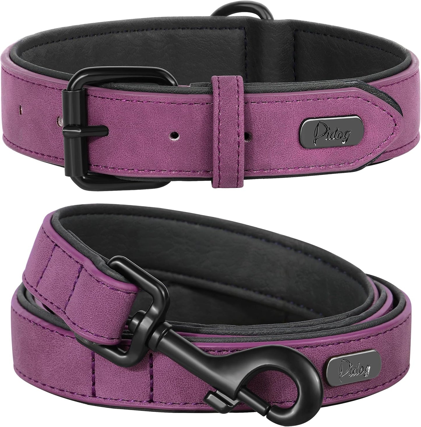 Didog Soft Padded Leather Dog Collar and Leash Set, Heavy Duty Dog Leash and Collar Set with Metal Buckle, Breathable Dog Collars with 4FT Leather Dog Leash for Small Medium Large Dogs, Purple, L