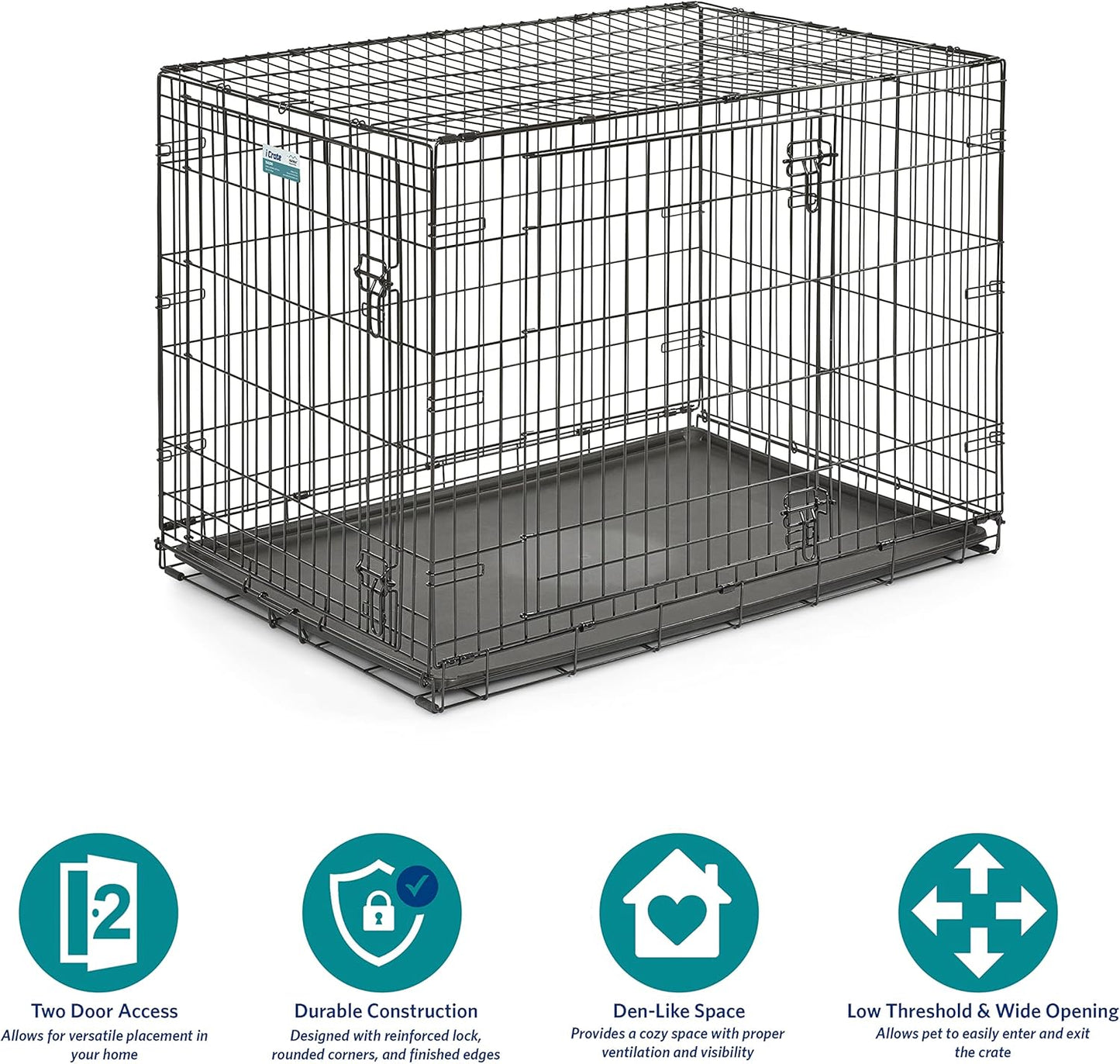 MidWest Homes for Pets 42-Inch Two-Door iCrate Folding Dog Crate with Divider Panel, Leak-Proof Tray & Secure Latches – Metal Wire Kennel for Large Breeds – Portable, Durable & Easy to Assemble