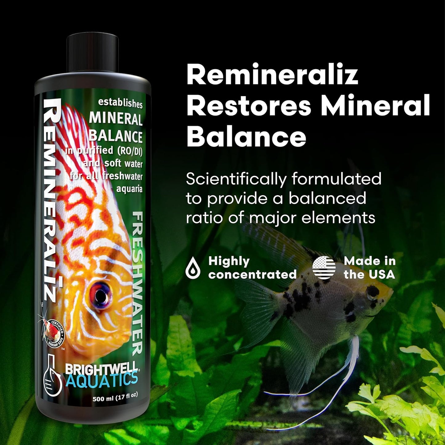 Brightwell Aquatics Remineraliz - Adds Minerals to Distilled, Deionized, or Reverse Osmosis Water for Freshwater Aquarium Use 500-ml