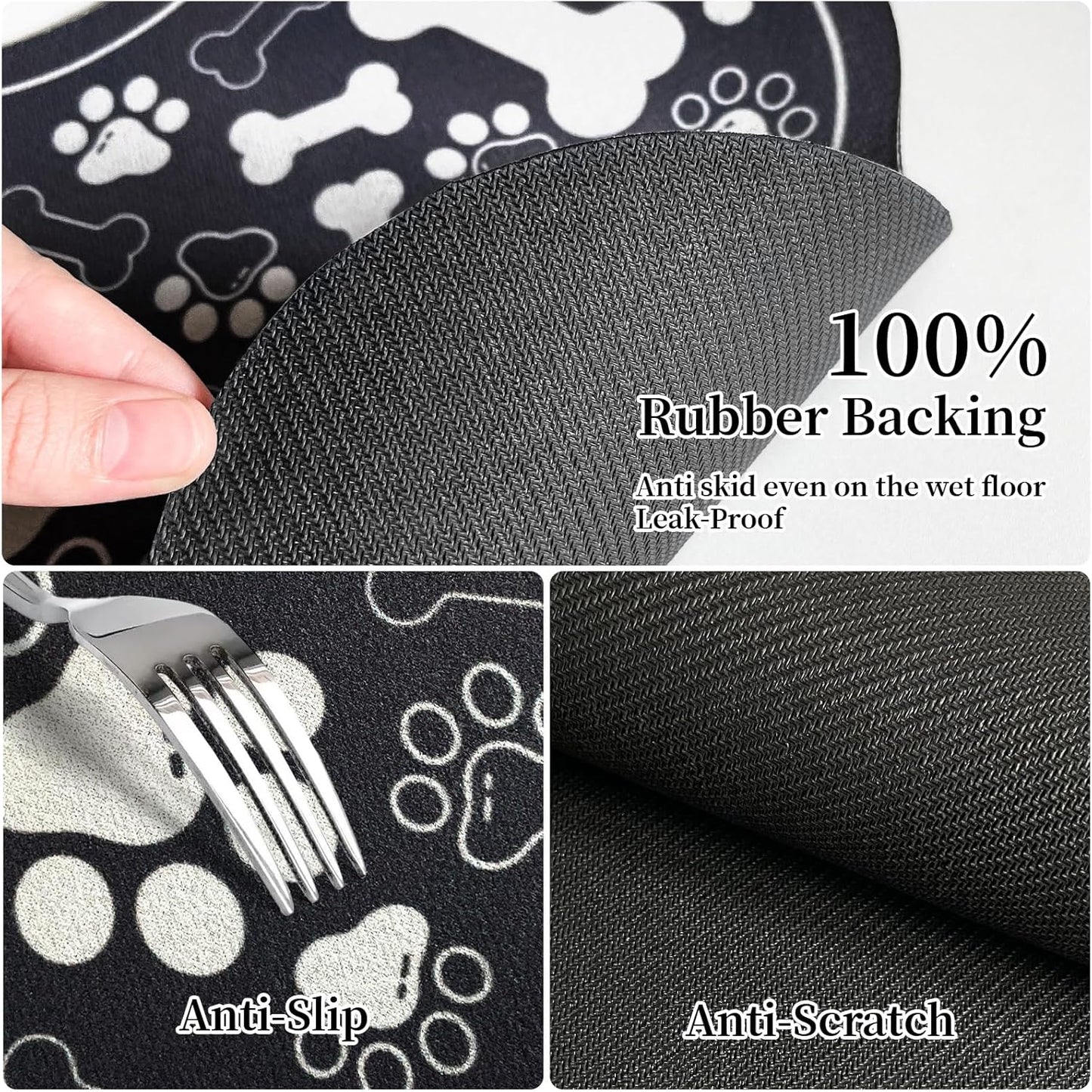 Dog & Cat Food Mat Bone Shaped Pet Feeding Mat Quick Absorb Water Bowl Placemat with Rubber Backing Indoor Floor Stain Resistant Pet Accessory Supplies (Black Small, 12x18 Inches)