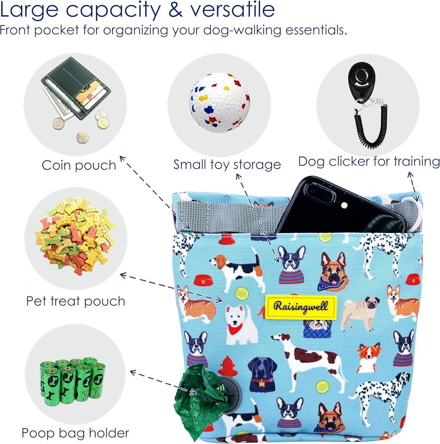 Dog Treat Pouch for Pet Walking and Training with Clicker 2 Cup Silicone Bag Small Fanny Pack Holder for Puppy Snack Dispenser Kit for Leash and Outdoor Use (Dog Puzzle)