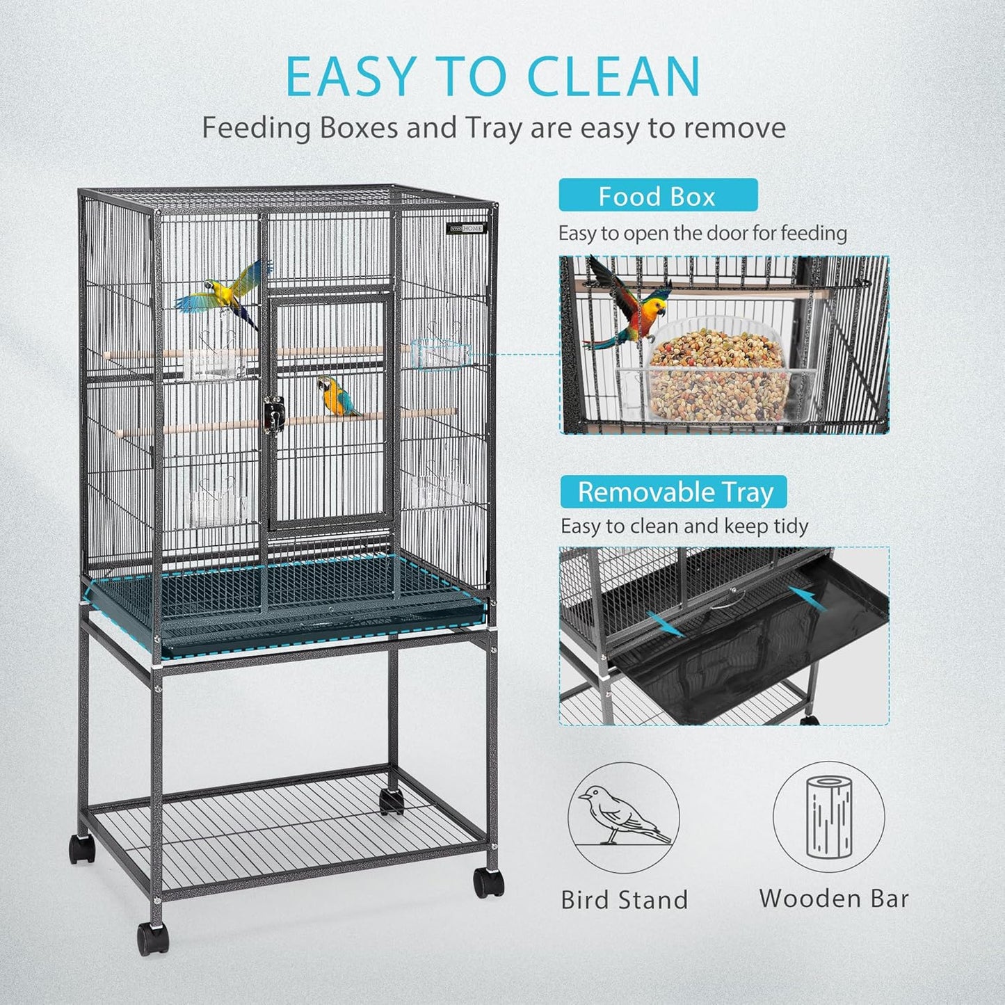 VIVOHOME 54 Inch Wrought Iron Large Bird Flight Cage with Rolling Stand for Parakeets Canaries Cockatiels Lovebirds Conures, Black