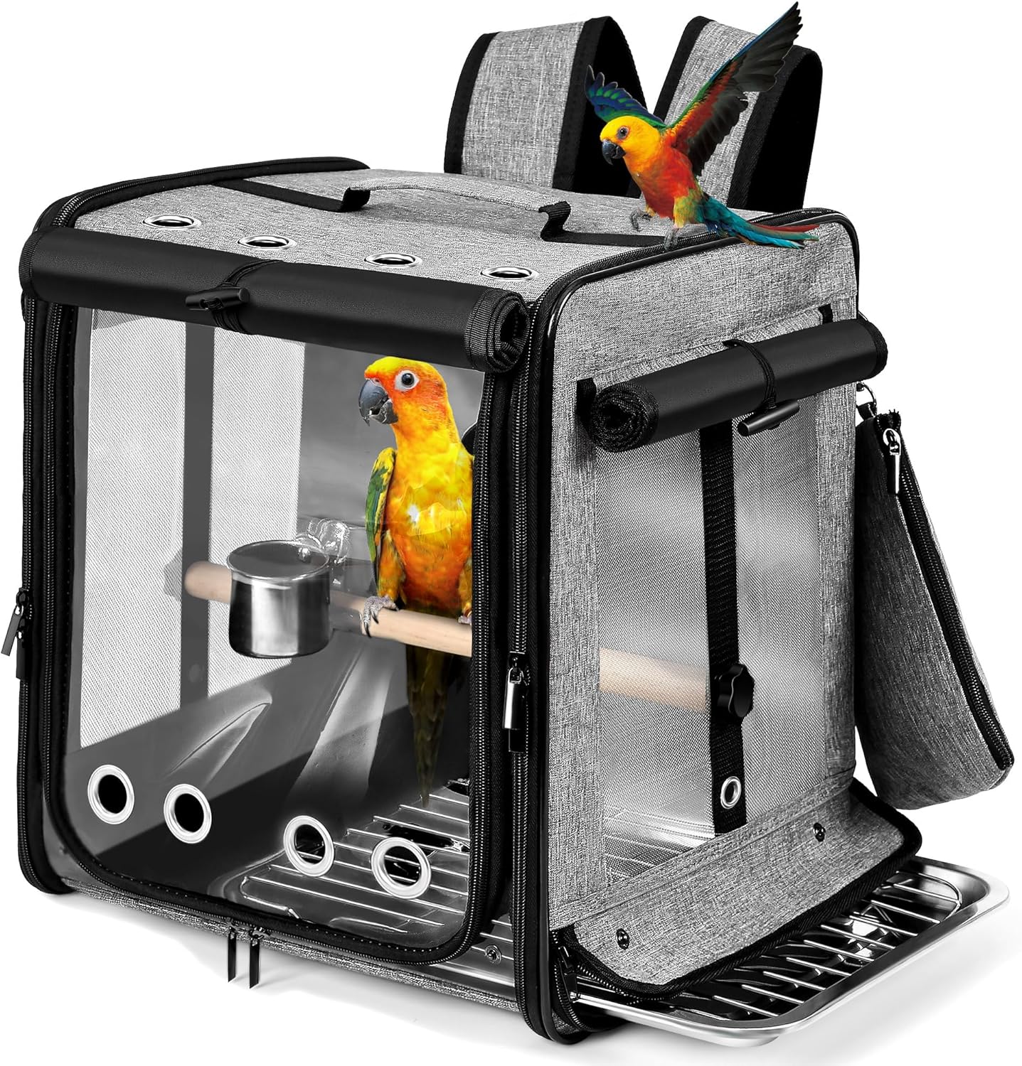 Suertree Bird Carrier with Seat Belt for Car Travel, Bird Backpack Carrier with Indestructible Stainless Steel Mesh, Large Bird Carrier Travel Cage, Grey