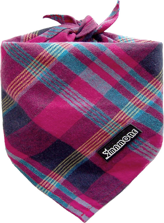 Adjustable Plaid Dog Bandanas,1PC Soft Washable Cotton Triangle Bib Kerchief Scarfs for Small Medium Large Dogs and Cats (Fuchsia&Blue, Small)