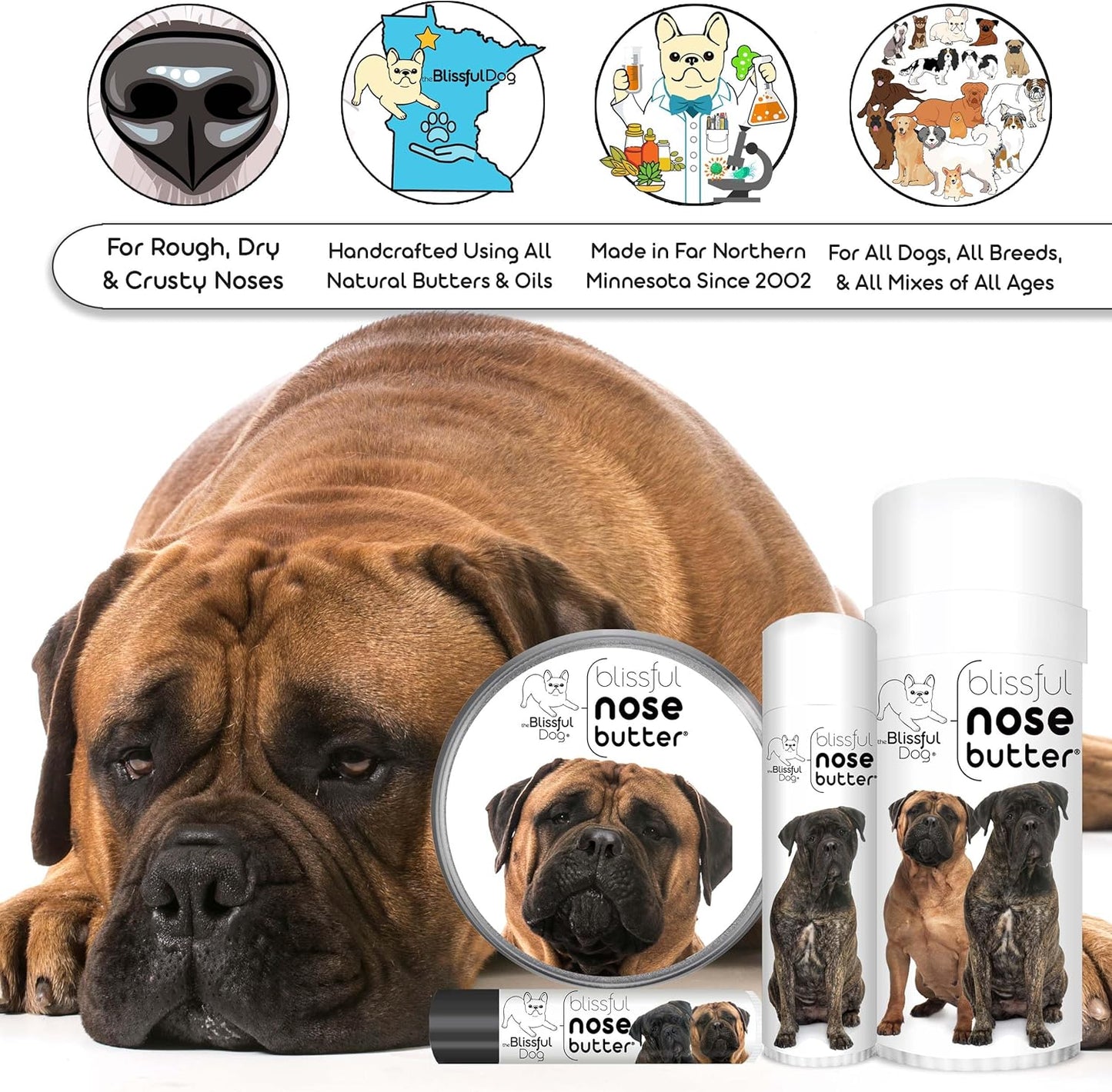 The Blissful Dog Bullmastiff Nose Butter for Dry, Cracked Skin, Lick-Safe Dog Nose Balm with Moisturizing Shea Butter, Almond, Olive, and Essential Oils, Pet Supplies, Uncented, 0.15 oz.