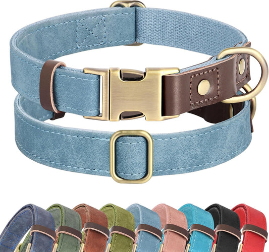 Didog Soft PU Leather Dog Collars for Small Dogs,Classic Adjustable Dog Collars with Quick Release Metal Buckle,Easy Clean and Comfortable with Nylon Lining,Denim Blue,S Neck 10-15"