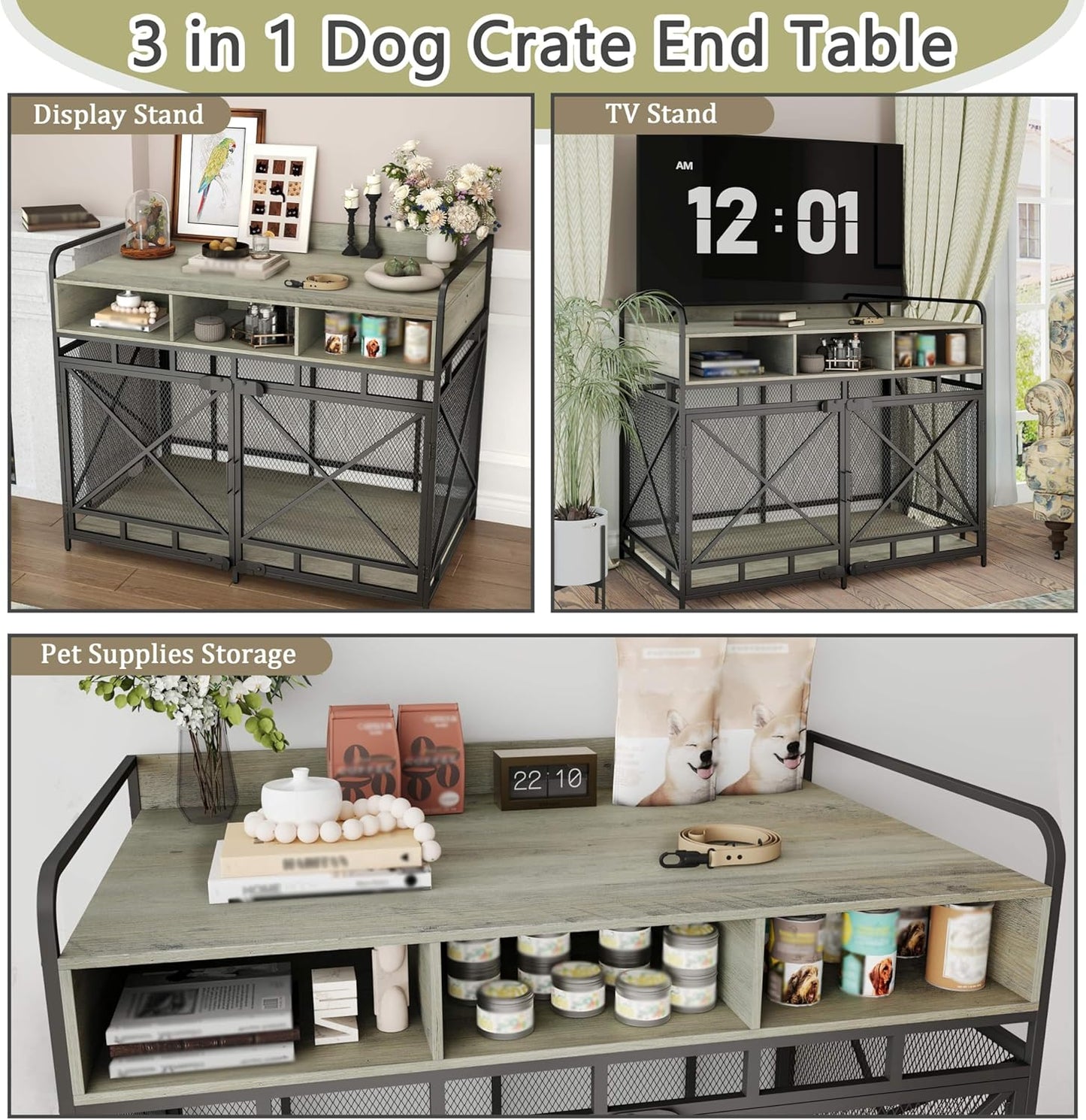 Dog Crate Furniture, 48" Heavy Duty Wooden Dog Crate End Table, XL Dog Kennel Furniture Large Breed, Decorative Dog Kennel Indoor with 3 Drawers & Steel Tubes 48" L x28 W x38 H (Grey)