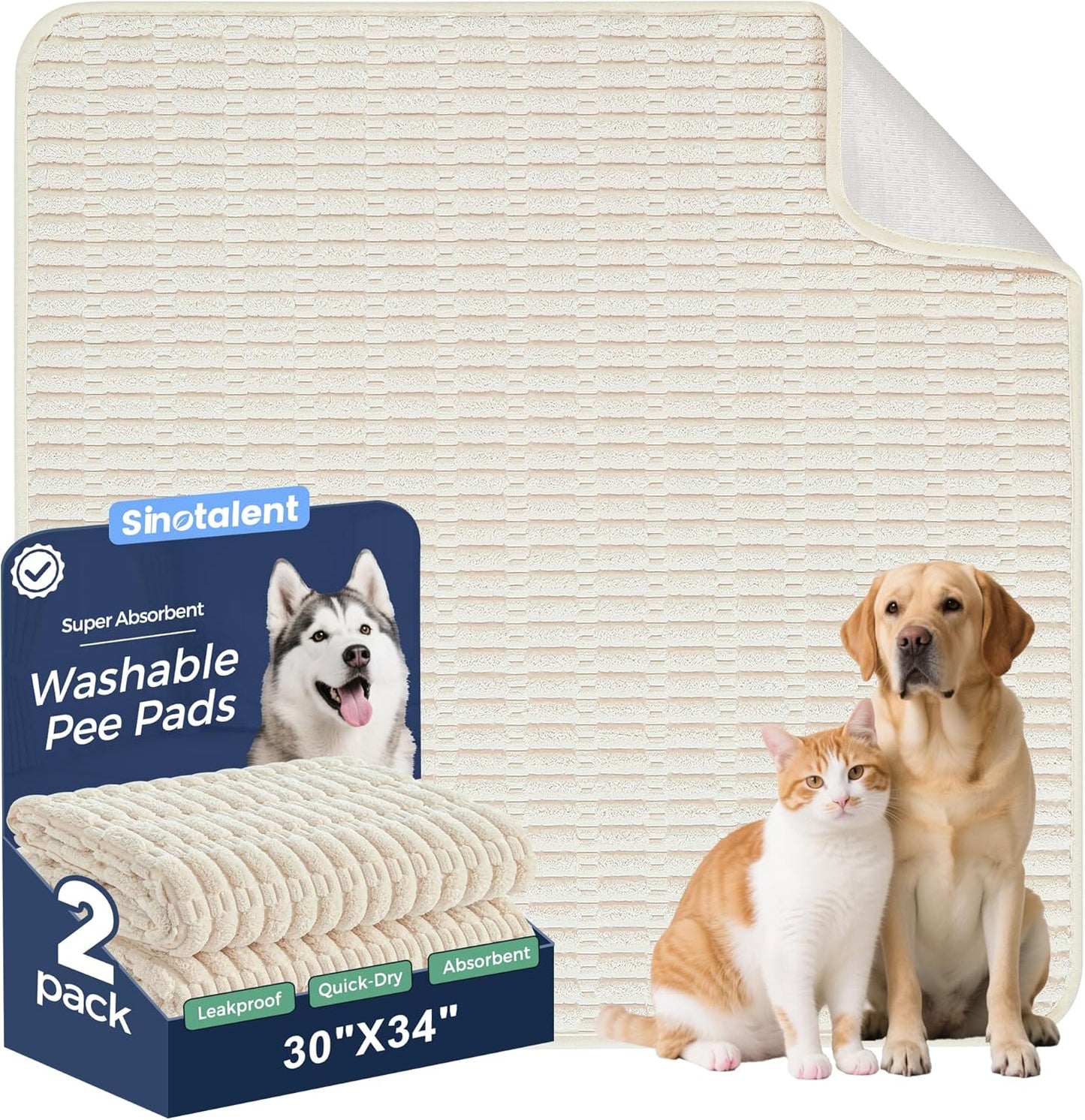 Washable Pee Pads for Dogs, 2 Pack Reusable Puppy Pads Dog Pads, Non-Slip Dog Pee Pads, Leakproof Pet Pee Pads Wee Wee Pads for Dogs. (Cream White, 30"x34"(Pack of 2))