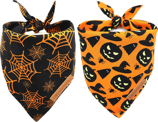 Realeaf Halloween Dog Bandanas 2 Pack, Pumpkin and Spider Web Bibs, Triangle Reversible Fall Pet Scarf, Premium Durable Fabric, Adjustable Fit (Large)
