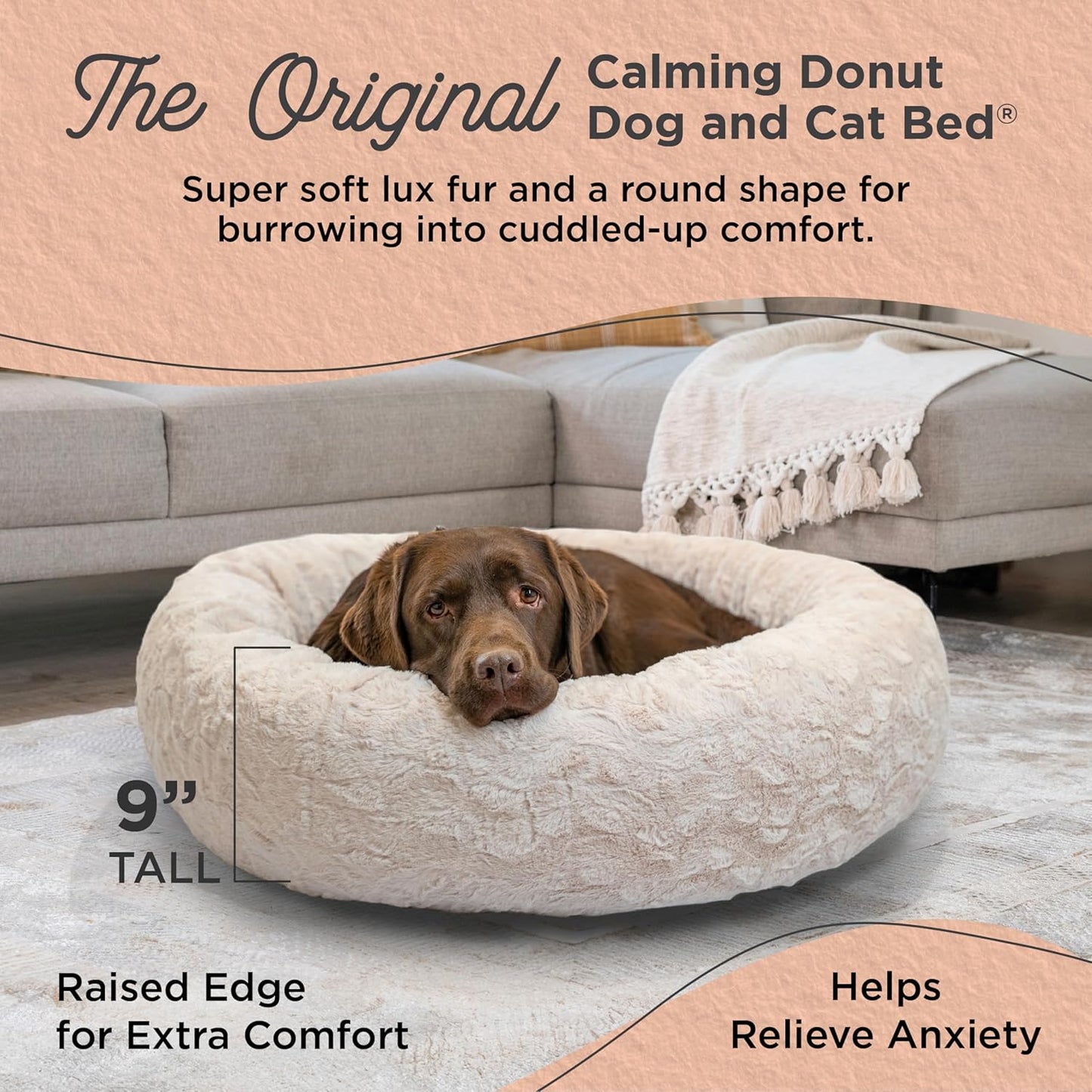 Best Friends by Sheri Original Calming Donut Dog and Cat Bed, Lux Faux Fur, Oyster, (36in x 36in) - Anxiety Relief for Pets Up to 100 lbs