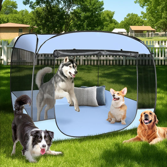 EighteenTek XLarge Popup Portable Dog Houses, 5.3'x4'H Assembly-Free Gazebo-Style Dog Cot Cat Playpen Screen Pet Tent Sun Shade Shelter Dog Bed with Canopy for Outdoor, Anti-Bugs with Leakproof Bottom