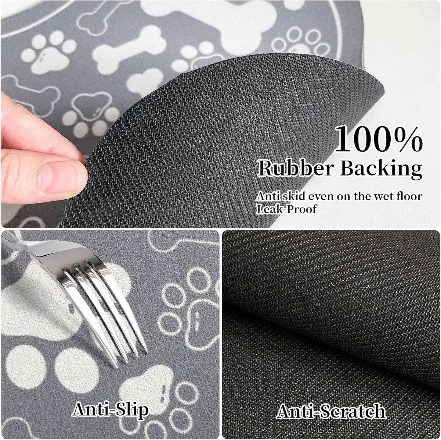 Dog & Cat Food Mat Bone Shaped Pet Feeding Mat Quick Absorb Water Bowl Placemat with Rubber Backing Indoor Floor Stain Resistant Pet Accessory Supplies (Grey, 16x24 Inches)