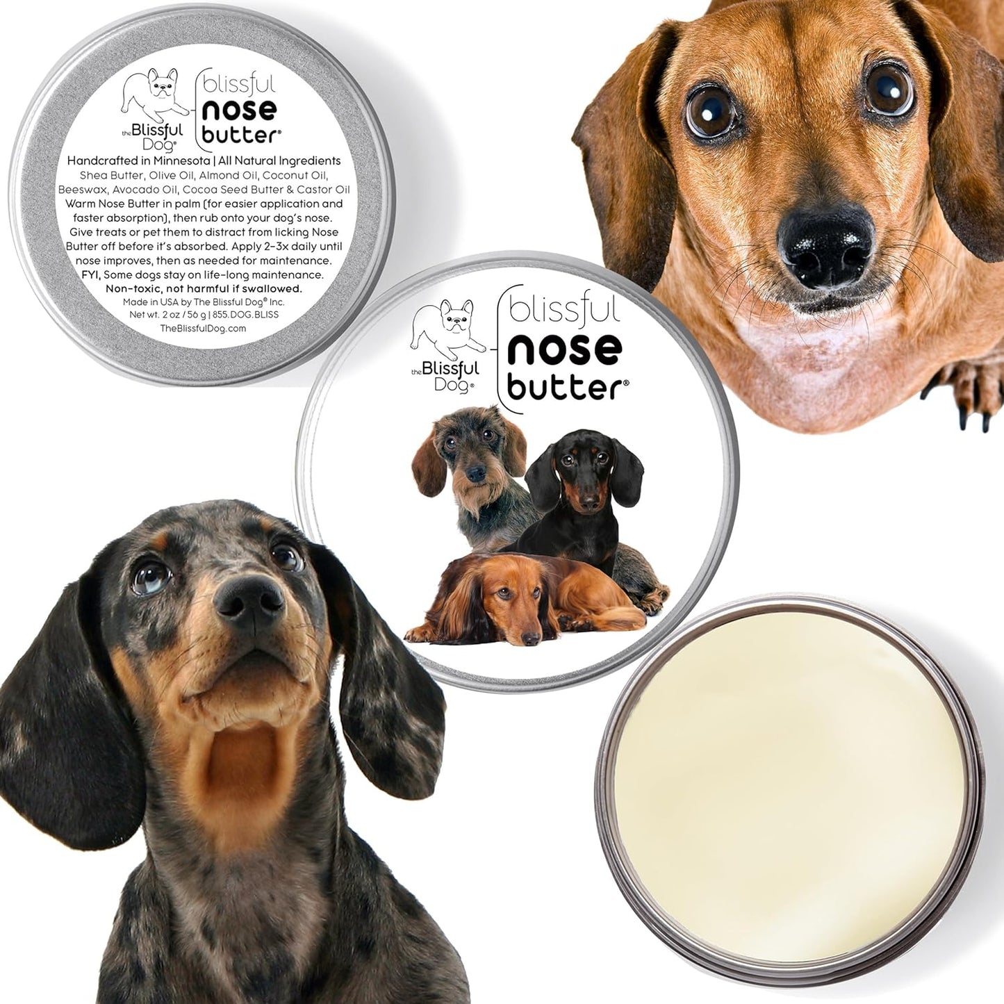 The Blissful Dog Dachshund Nose Butter for Dry, Cracked Skin, Lick-Safe Dog Nose Balm with Moisturizing Shea Butter, Almond, Olive, and Essential Oils, Pet Supplies, Uncented, 8 oz.