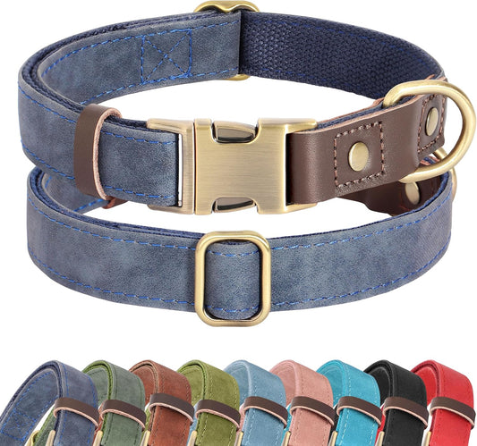 Didog Soft PU Leather Dog Collars for Small Dogs,Classic Adjustable Dog Collars with Quick Release Metal Buckle,Easy Clean and Comfortable with Nylon Lining,Blue,S Neck 10-15"