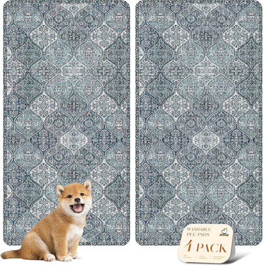 nunubaby 4PACK Washable Pee Pads for Dogs, Stylish, Non-Slip and Leak-Proof Pee Pads. Reusable Potty Pads for Dogs for Crates and Floors.(Blue/Multi, 24" x48" )